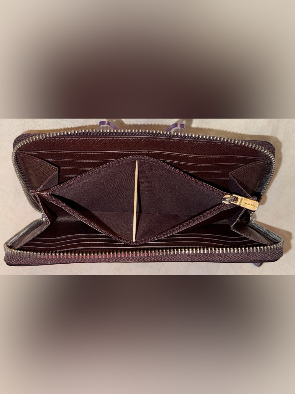 Coach Plum Zip-Around Saffiano Leather Wallet with Front Card Slot - Picture 9 of 15